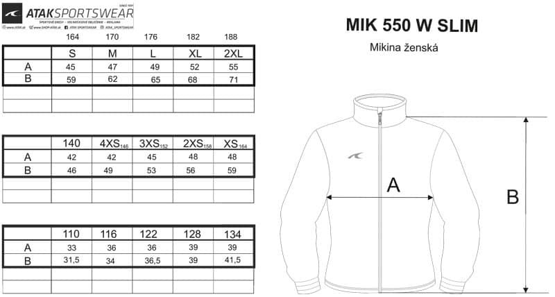 Veľkostná tabuľka mikina 550 dámska